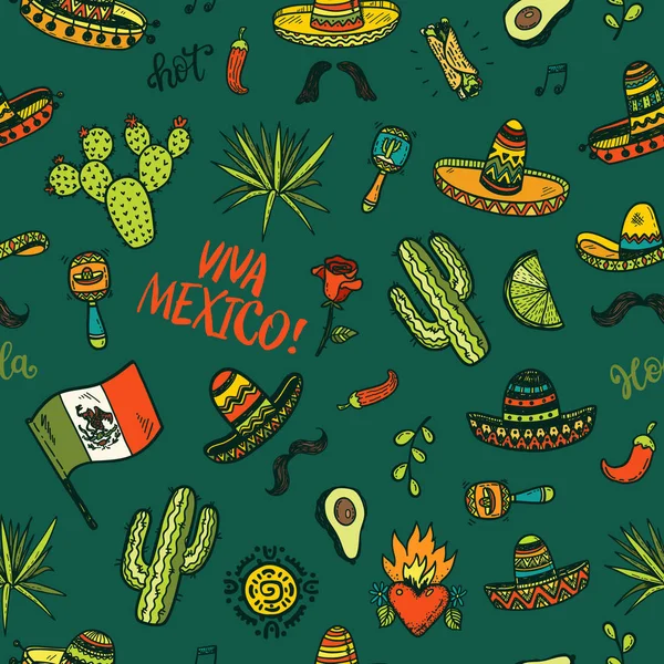 Vector Seamless Background Hand Drawn Colored Mexican Elements Independence Day — Stock Vector