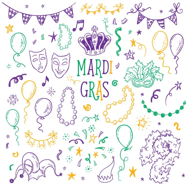 Mardi Gras Carnaval Doodle Éléments Fixés Pour Votre Design Vacances — Image vectorielle