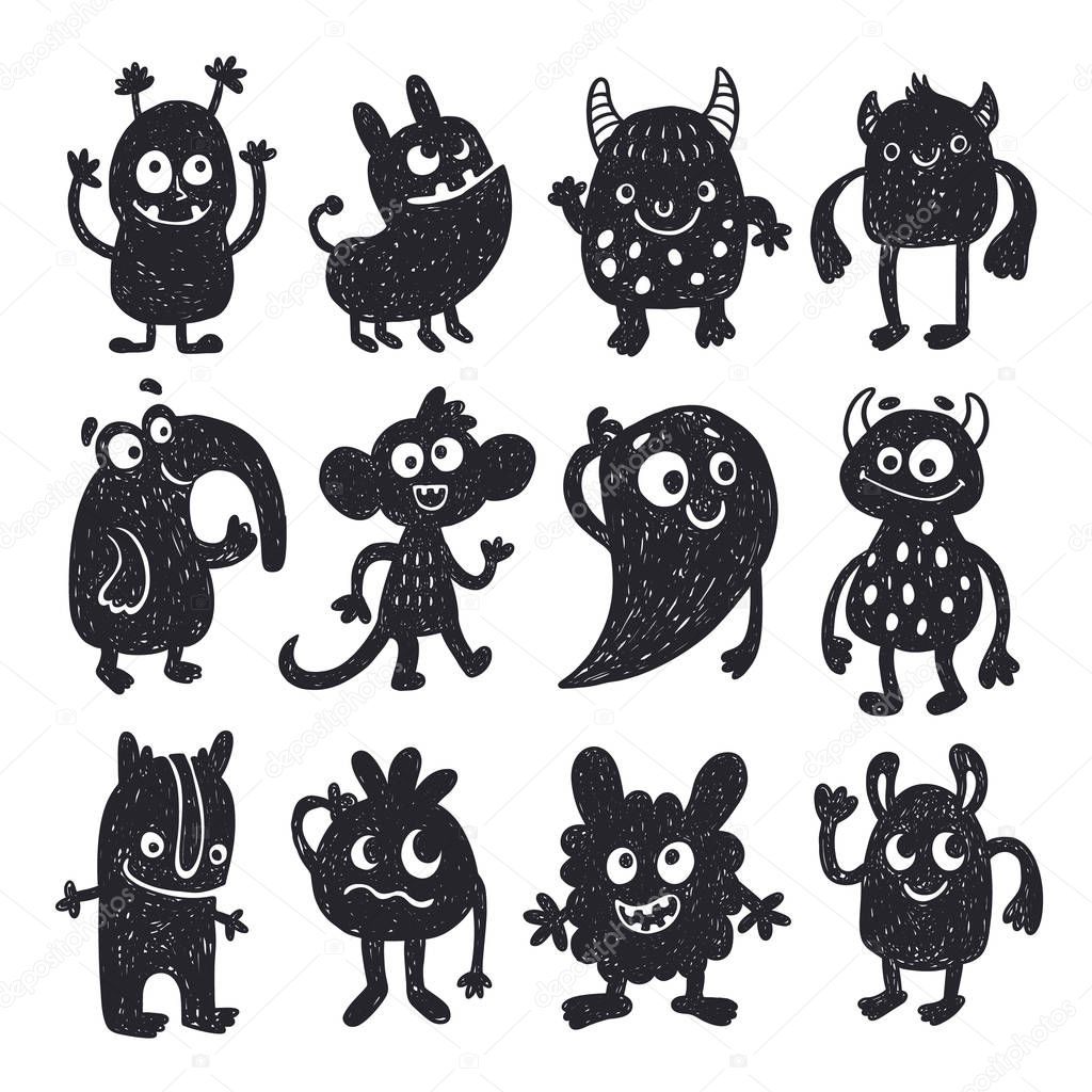 Funny cute doodle hand drawn monsters vector set