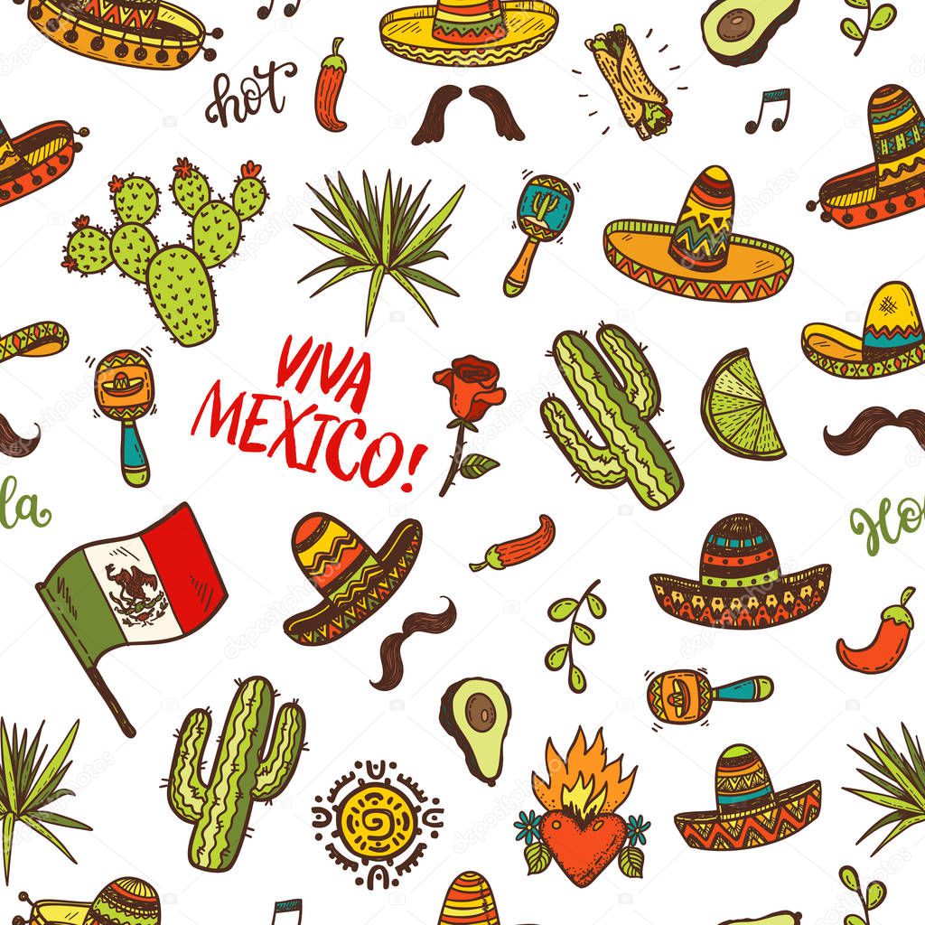 Vector seamless background with hand drawn colored Mexican elements. Independence day, Cinco de mayo celebration, party doodle decorations for your design.