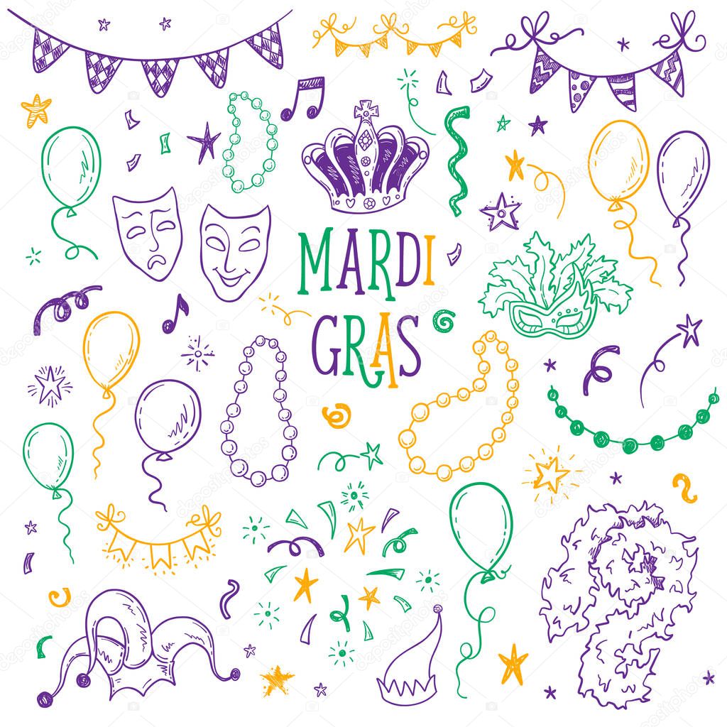 Mardi Gras carnival doodle elements set for your holidays design