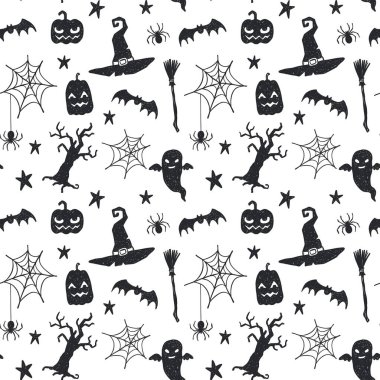 Elle çizilmiş doodle Cadılar Bayramı sembolleri ile Seamless modeli
