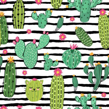 El ile Seamless modeli çöl kaktüs bitkileri resimde çizilmiş
