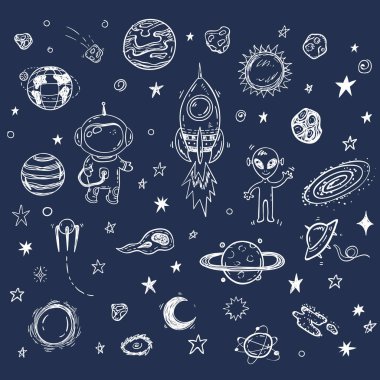 Uzay yolculuğu ayarla roket, astronot, yaratık, gezegenler, yıldızlar ile doodle.