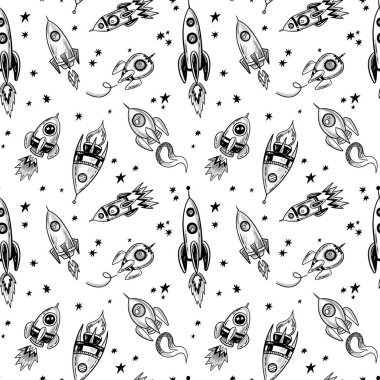 Uzay gemisi ve yıldız deseni doodle, sorunsuz alan roket Yazdır kroki