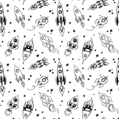 Uzay gemisi ve yıldız deseni doodle, sorunsuz alan roket Yazdır kroki