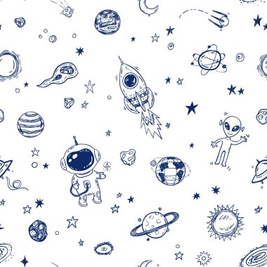 Alanı desen, baskı tasarımı el çekilmiş astronot, roka, gezegenler ve yıldızlar ile doodle