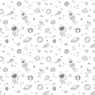 Alanı desen, baskı tasarımı el çekilmiş astronot, roka, gezegenler ve yıldızlar ile doodle