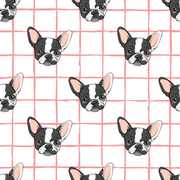 无缝模式与有趣的法国斗牛犬 时尚的时装设计 — 图库矢量图片