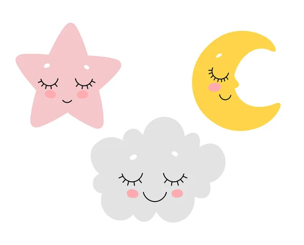 Cute Sleeping Cloud Moon Star Nursery Print Design — Stock Vector
