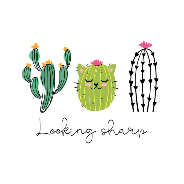 Patrón Sin Costura Con Plantas Cactus Del Desierto Dibujadas Mano — Vector de stock