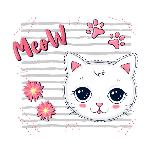 Print Dengan Happy Cute Cat Diisolasi Latar Belakang Putih - Stok Vektor