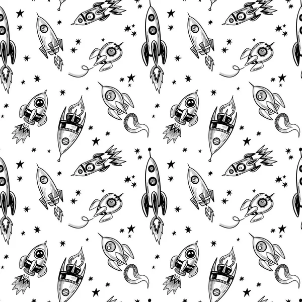 Doodle spaceship and stars pattern, sketch seamless space rocket print
