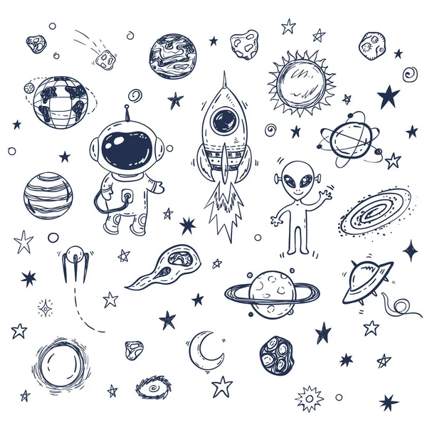 Doodle Podróży Kosmicznych Rakiet Astronauta Alien Planety Gwiazdy — Wektor stockowy