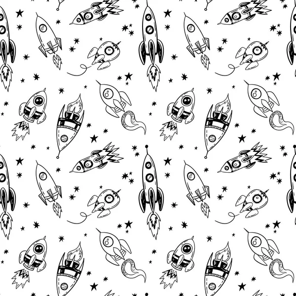 Doodle Spaceship Stars Pattern Sketch Seamless Space Rocket Print — Stock Vector