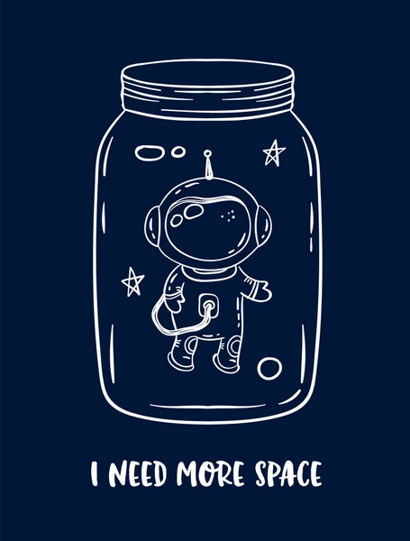 Print Design Glass Jar Funny Doodle Astronaut Open Space — Stock Vector
