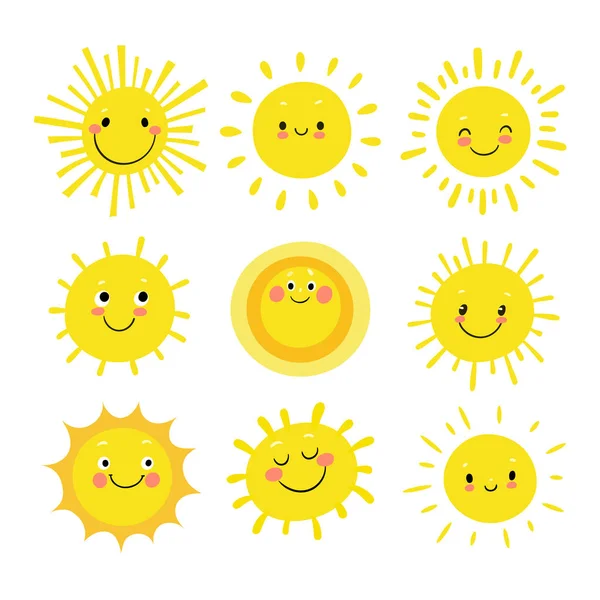 Set Icone Divertenti Disegnate Mano Sole Carino — Vettoriale Stock