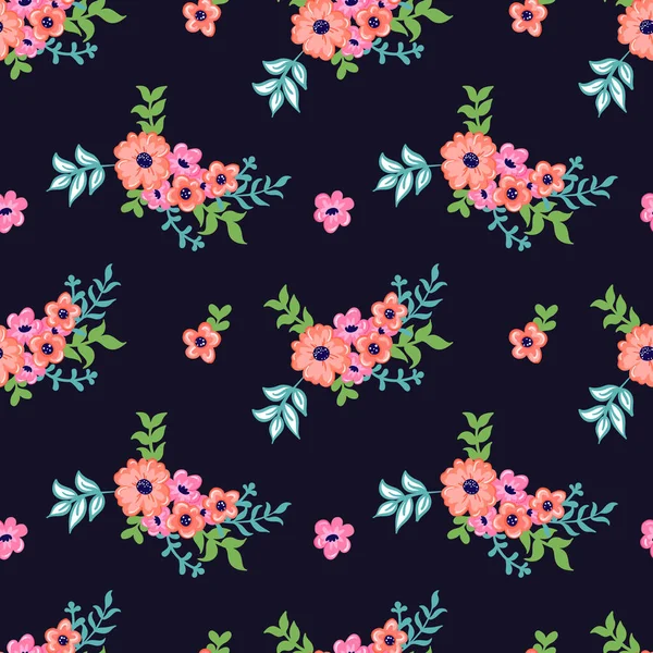 Einfaches Blumenmuster Nahtloses Muster Mit Handgezeichneten Retro Blumensträußen Auf Schwarzem — Stockvektor