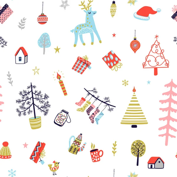 Skandinavische Gemütliche Weihnachten Nahtlose Muster Mit Niedlichen Handgezeichneten Elementen — Stockvektor