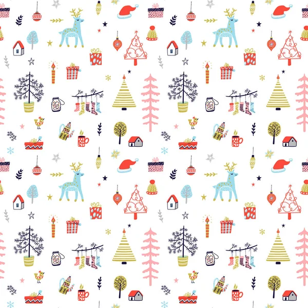 Scandinavian Cozy Christmas Seamless Pattern Cute Hand Drawn Elements — Stock Vector