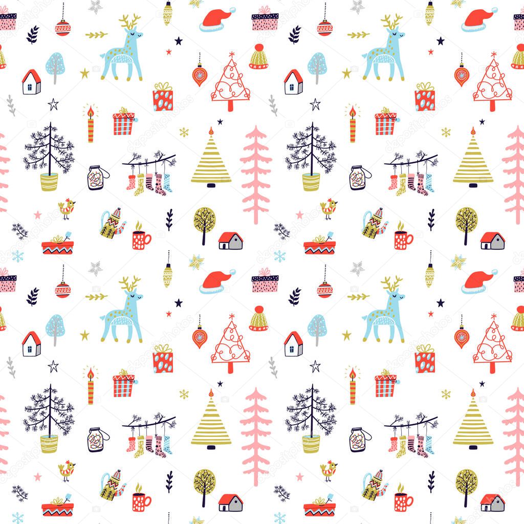 Scandinavian  cozy Christmas seamless pattern with cute hand drawn elements