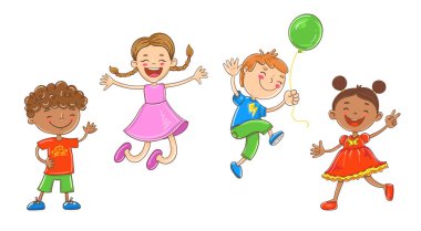 Mutlu çizgi film çocuklar oynarken ve atlama