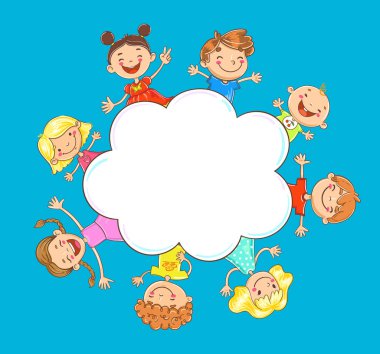 mutlu doodle çizgi film çocuklar boş çerçeve, konuşma balonu şablon arkasında