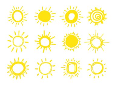 Komik güneşler doodle, çizilmiş seti ver.