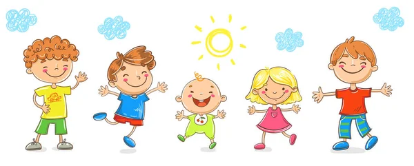 Feliz Dibujos Animados Doodle Niños Jugando Saltando Riendo — Vector de stock