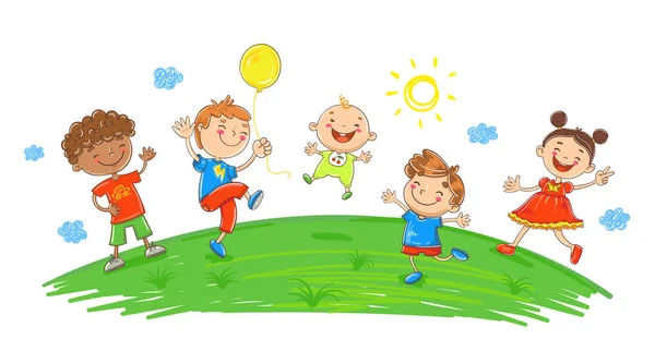 Feliz Dibujos Animados Niños Jugando Saltando — Vector de stock