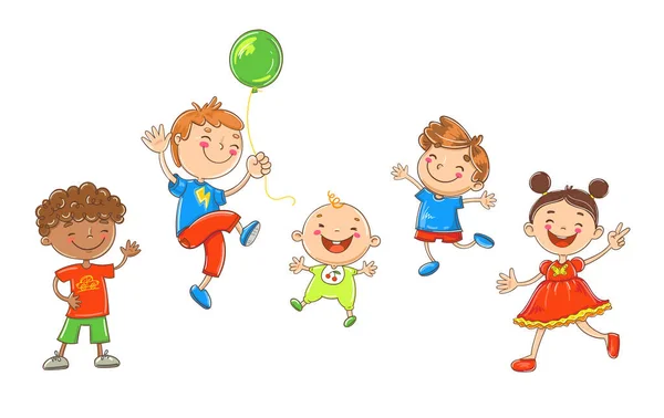 Feliz Dibujos Animados Niños Jugando Saltando — Vector de stock