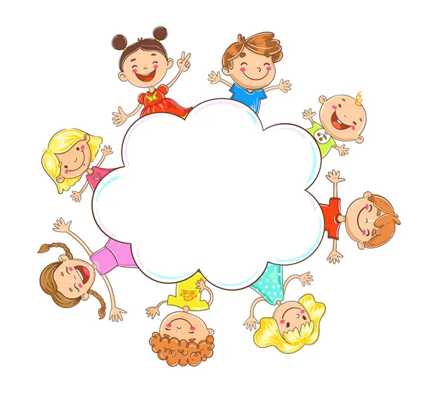 Παιδιά Κινούμενα Σχέδια Ευτυχισμένη Doodle Πίσω Από Κενό Πλαίσιο Προτύπου — Διανυσματικό Αρχείο