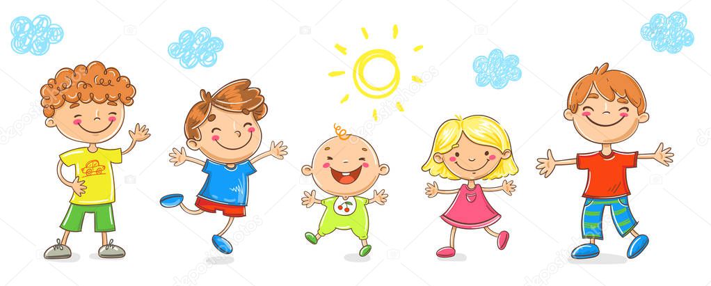 Happy doodle cartoon kids, playing, jumping and laughing 