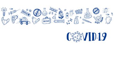 COVID-19 koronavirüs başlığı için panoramik pankart, karalama çizimi. Yeni SARS-CoV-2 Corona virüs salgını ve salgını kavramı.