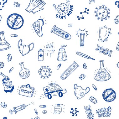 Elle çizilmiş CoronaVirus Covid-19 koruma vektör çizimi ile kusursuz arkaplan