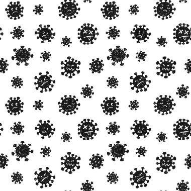 Komik kızgın covid-19 virüsleri ve el çizimi karalama arkaplanı olan dikişler.