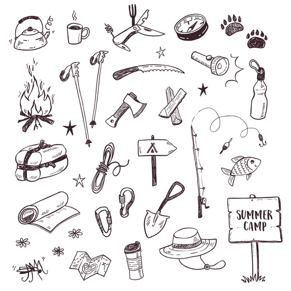 Hand Drawn Doodle Camping Vector Elements Icons Set Bonfire Adventure — Stock Vector
