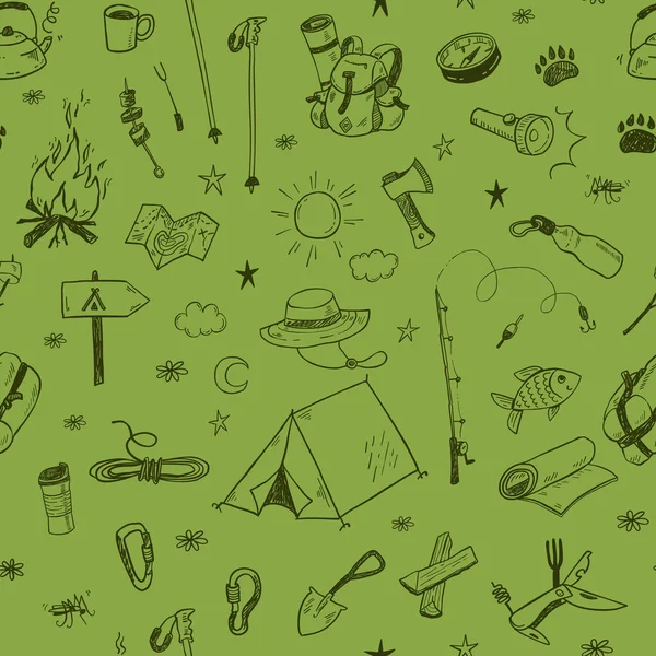 Mão Desenhado Doodle Camping Elementos Vetoriais Ícones Conjunto Com Fogueira — Vetor de Stock