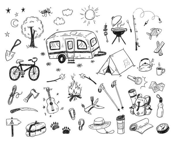 Elementos Vectoriales Dibujados Mano Doodle Camping Iconos Con Hoguera Aventura — Archivo Imágenes Vectoriales