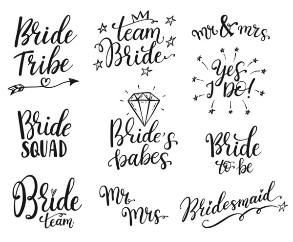 Team bride hand drawn Bachelorette party, hen party or bridal shower hand  written calligraphy phrase, greeting card, photo booth props. Print with  dress and bouquet flat illustration 6042098 Vector Art at Vecteezy