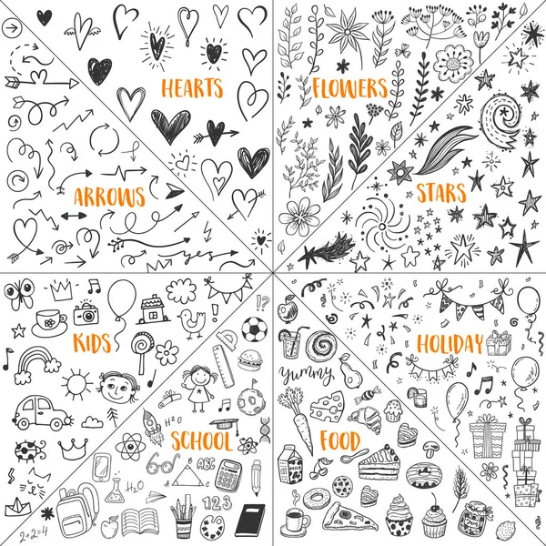手描きの心 花や花の要素 星や彗星 休日の誕生日パーティー 甘い食べ物 学校や研究 面白い子供や創造的な矢印を持つ大きなドアセット — ストックベクタ