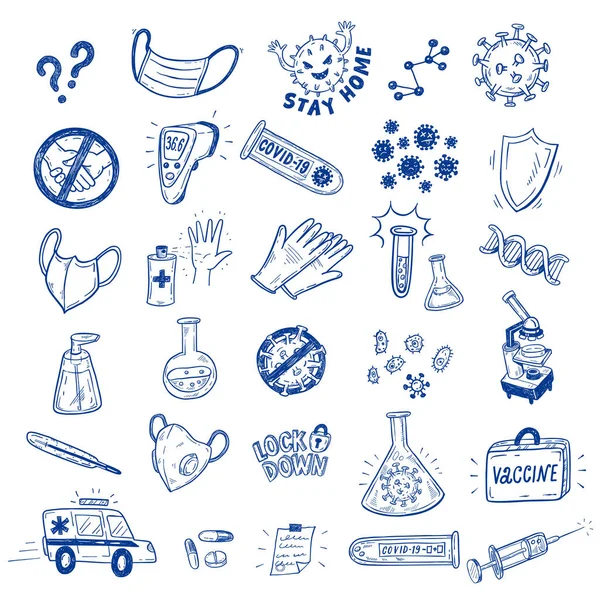 Coronavirus Covid Protection Vector Sketch Set Hand Drag Science Doodle — 스톡 벡터