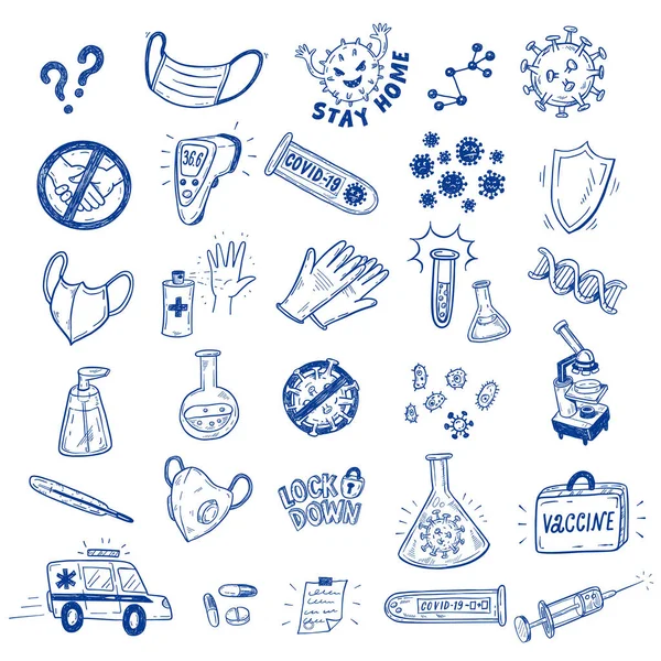 Coronavirus Covid 19保护病媒草图 配有手绘科学涂鸦 显微镜 防腐剂等 — 图库矢量图片