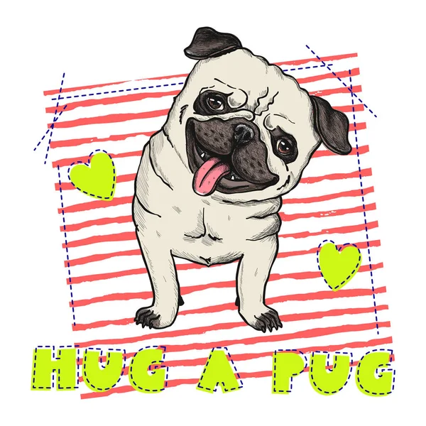 Ilustración Vectorial Pug Moda Feliz Dibujado Mano Camiseta Diseño Impresión — Vector de stock