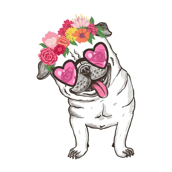 Ilustración Vectorial Feliz Pug Sonriente Gafas Corona Flores Camiseta Diseño — Vector de stock