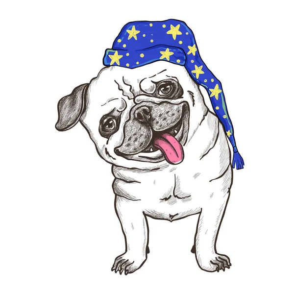 Ilustración Vectorial Pug Moda Feliz Dibujado Mano Camiseta Diseño Impresión — Vector de stock