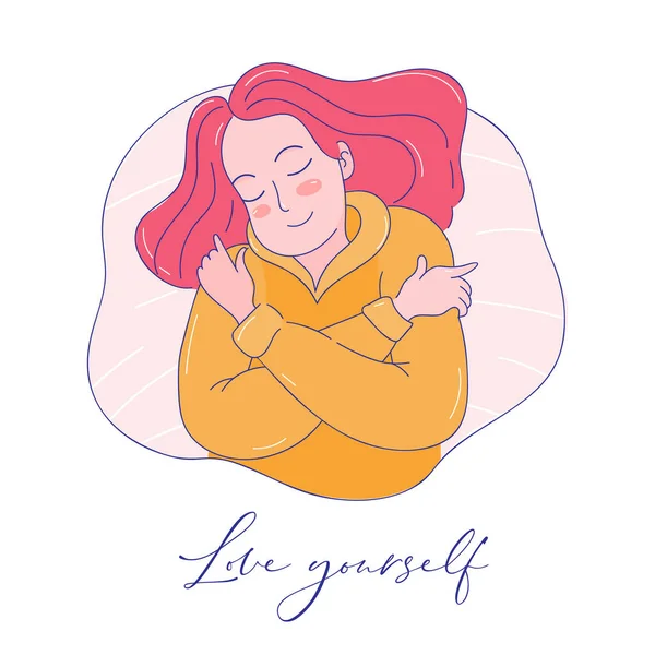 Love Yourself Illustration Woman Hugging Herself — Stock Vector