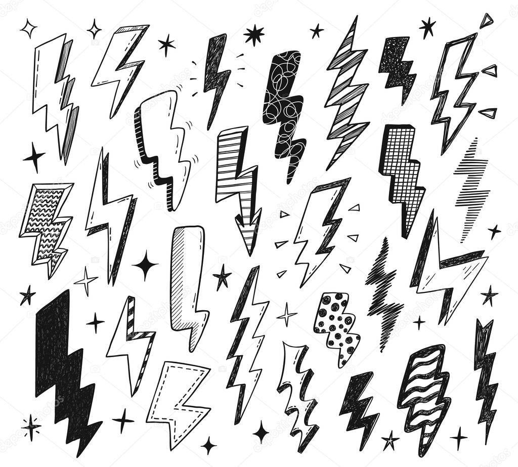 Set of hand drawn doodle thunderbolts. Vector design elements isolated on a white background