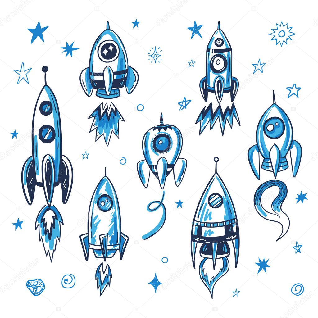Hand drawn vector space rocket illustrations set