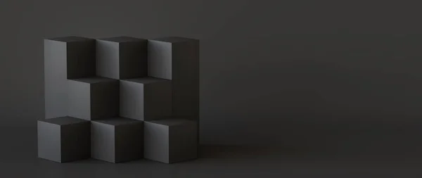 暗い壁の背景で黒のキューブ ボックス レンダリング — ストック写真